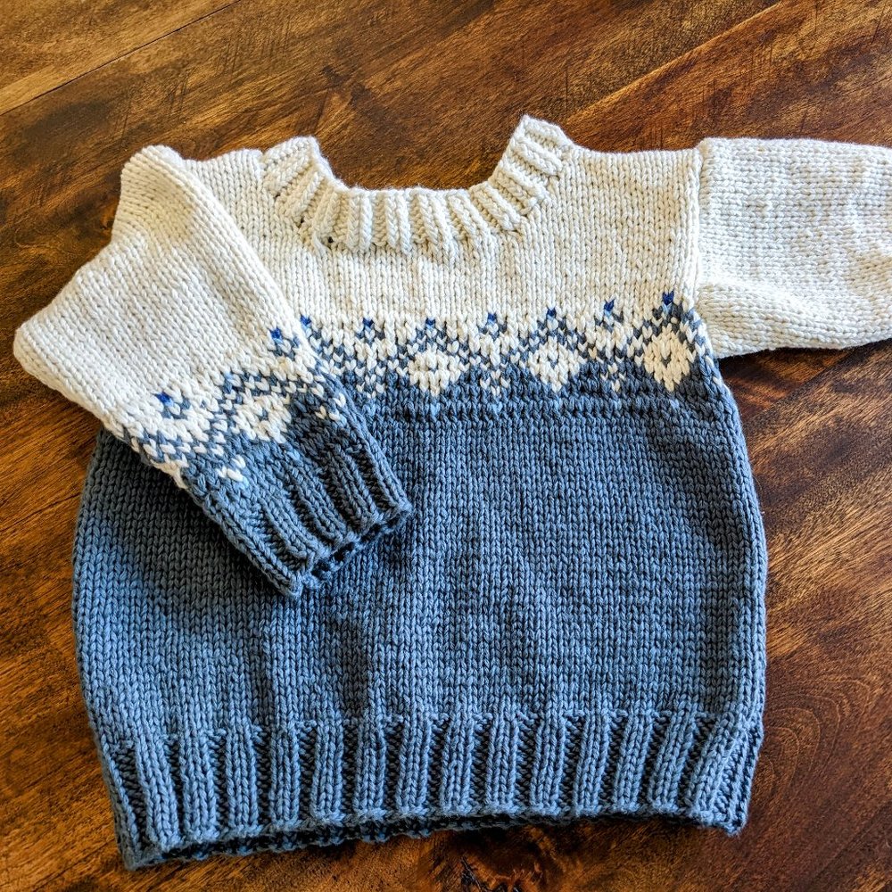 Hand knit Teal Blue Jersey for babies Norwegian Fair Isle Pattern